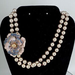 Elegant Pearl Necklace with Floral Enamel and Swarovski Crystal Accent P35